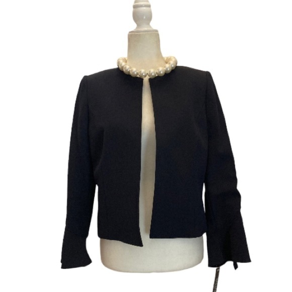 Tahari ASL Horton Open Front Blazer Jacket NWT Ruffle Sleeves in Navy Blue - Picture 1 of 11